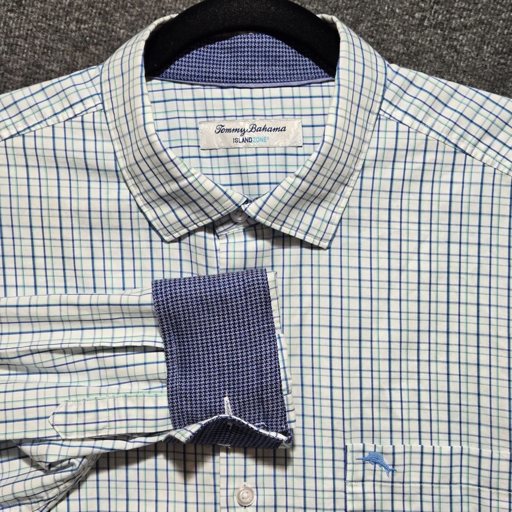 Tommy Bahama Island Zone Men's Button Shirt Size Large Blue / Green Plaid Cuffs